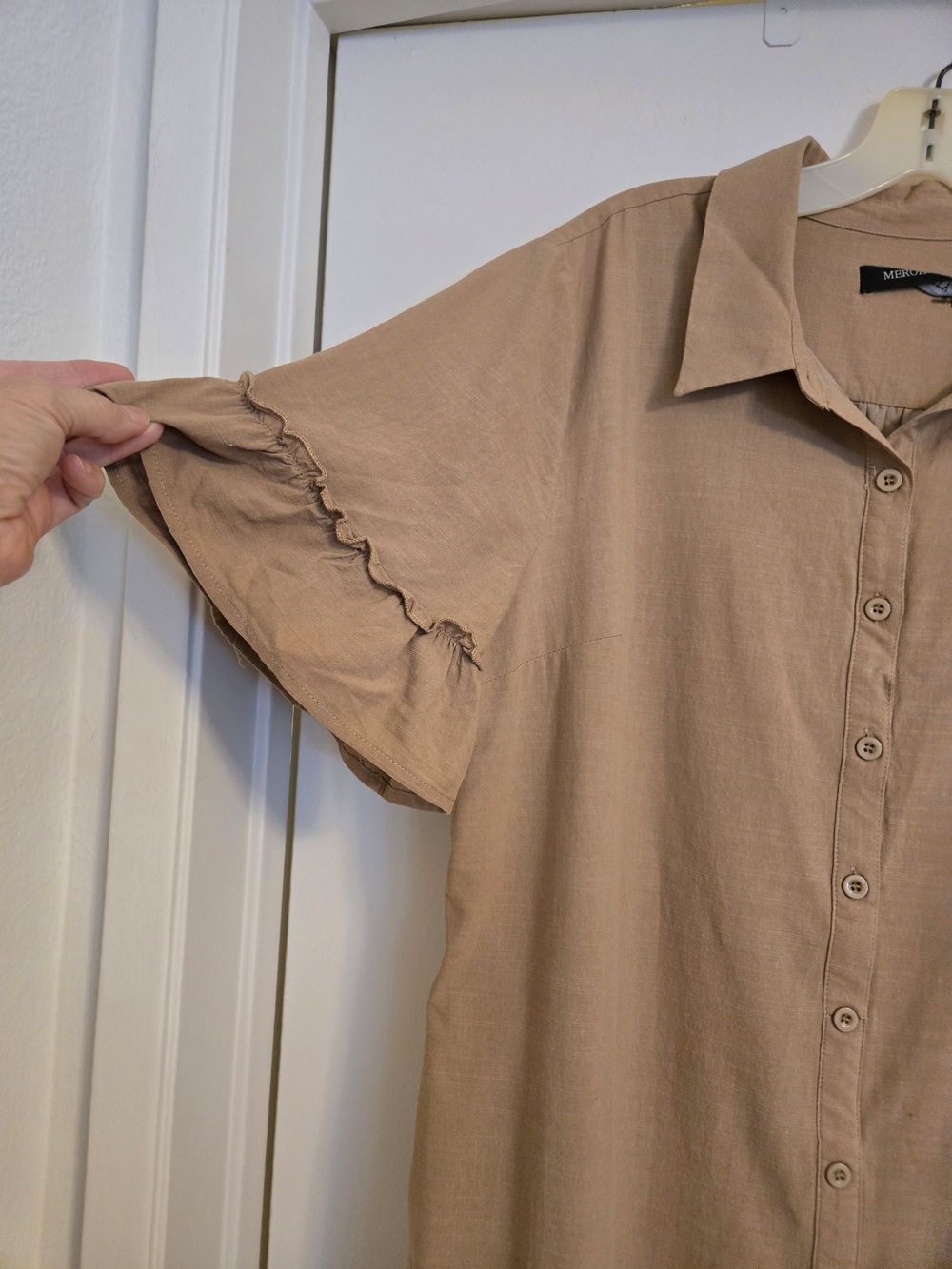Ruffle-Hem Button Front Mini Dress in Taupe - Picture 4 of 6